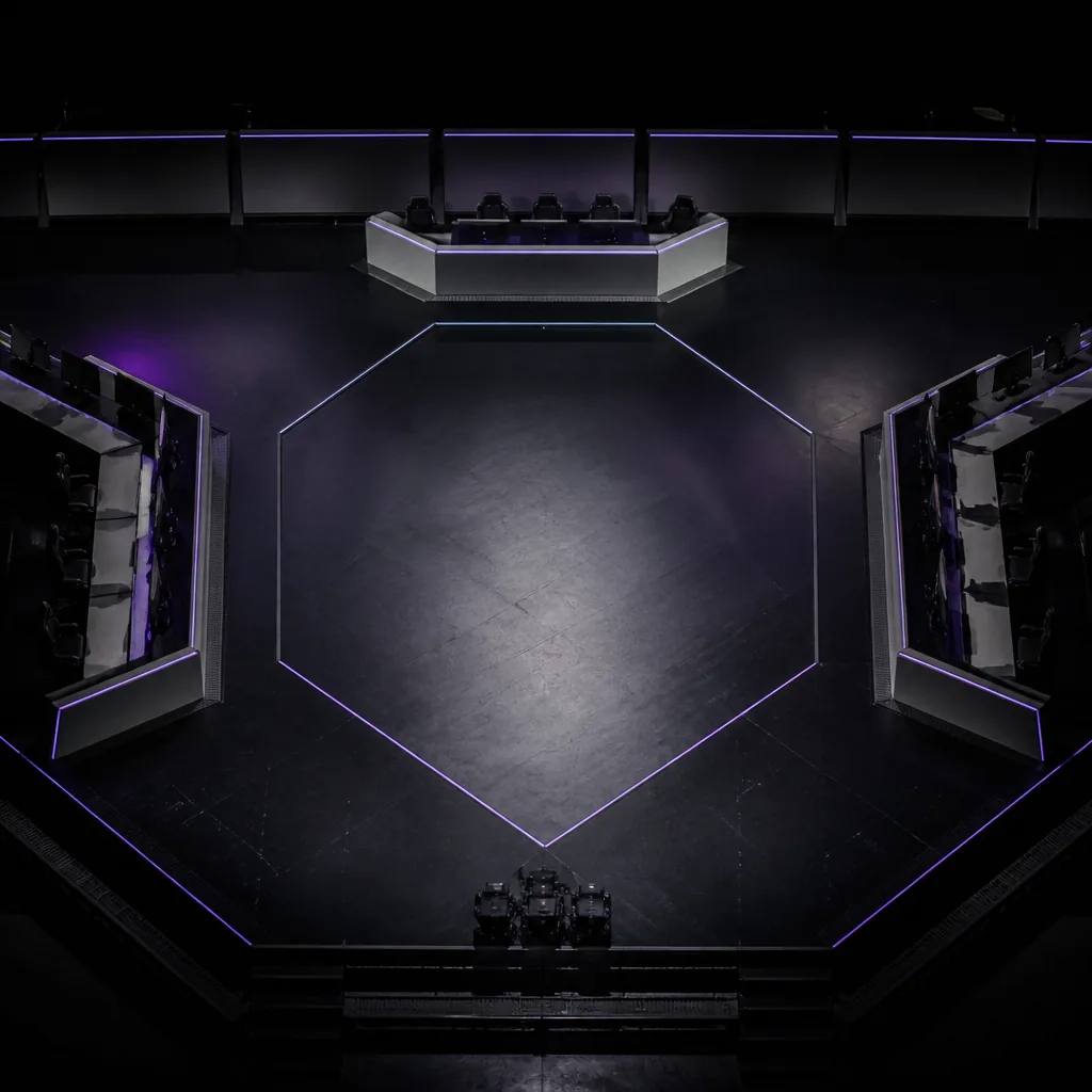 Escenario de competición de esports visto desde arriba con líneas violetas